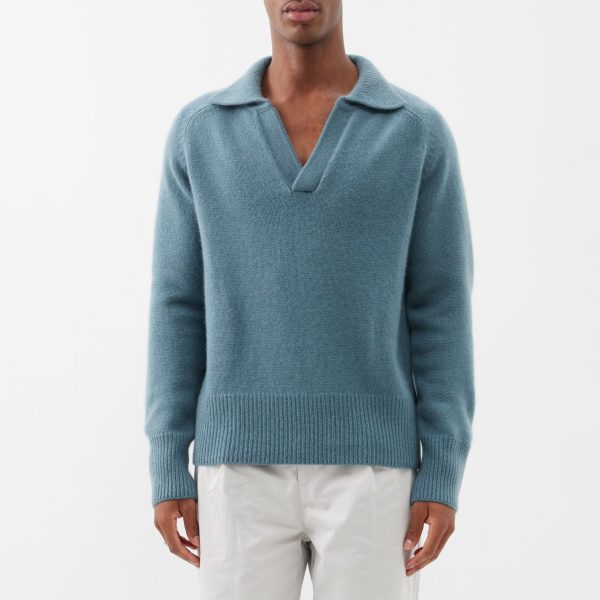 Ribbed Edge Knit Open-Collar Polo Sweater