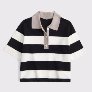 Black White Striped Sweater Polo Women