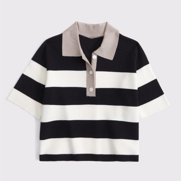 Black White Striped Sweater Polo Women