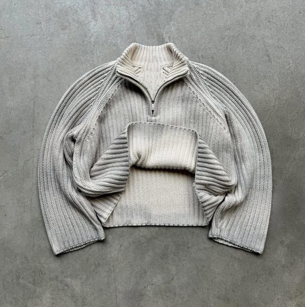 Vintage Acid Wash Knitted Jumper Faded Effect Half Zip Sweater Men