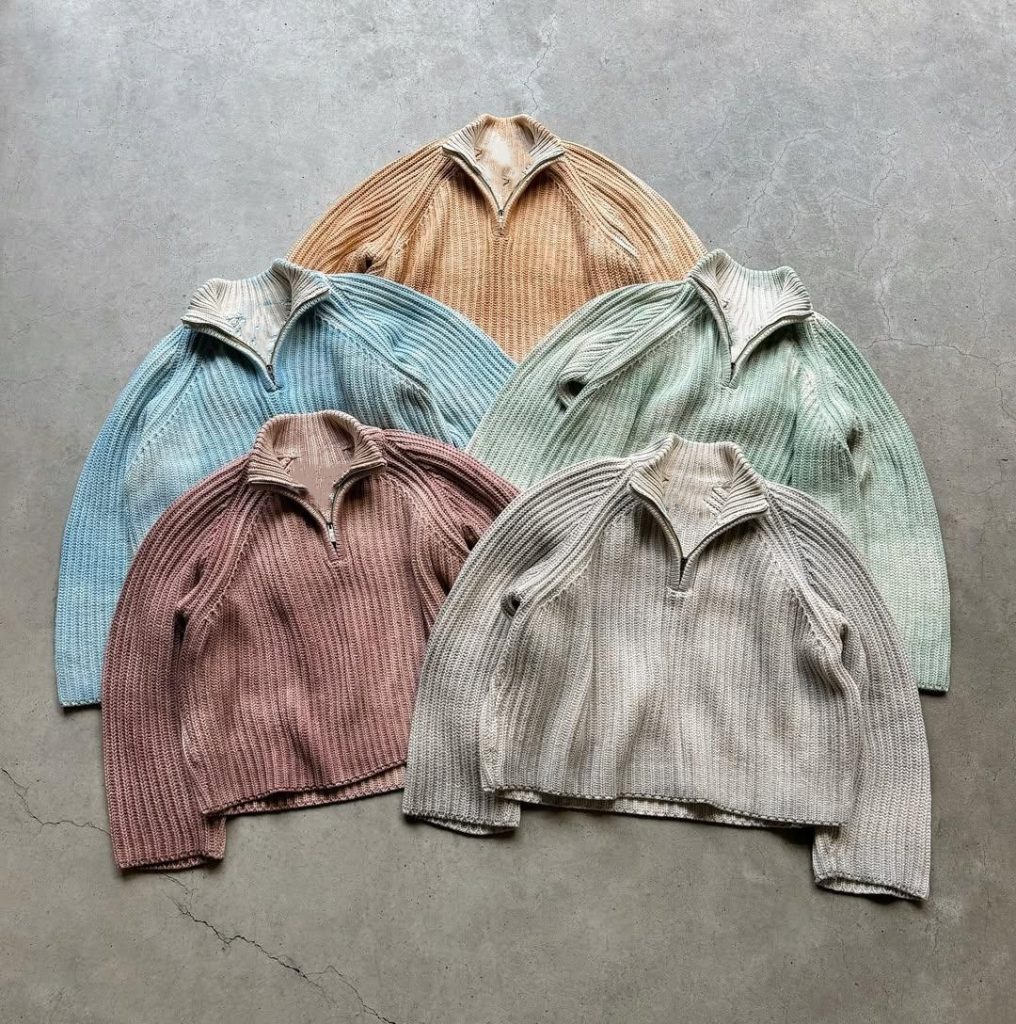 Vintage Acid Wash Knitted Jumper Faded Effect Half Zip Sweater Men