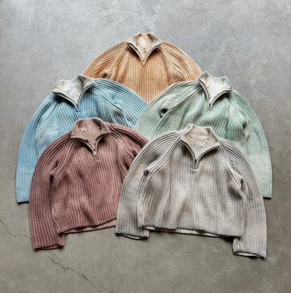Vintage Acid Wash Knitted Jumper Faded Effect Half Zip Sweater Men