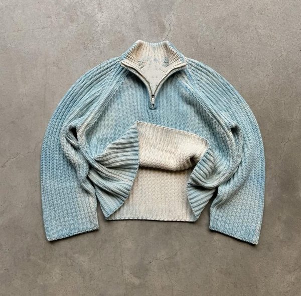 Vintage Acid Wash Knitted Jumper Faded Effect Half Zip Sweater Men
