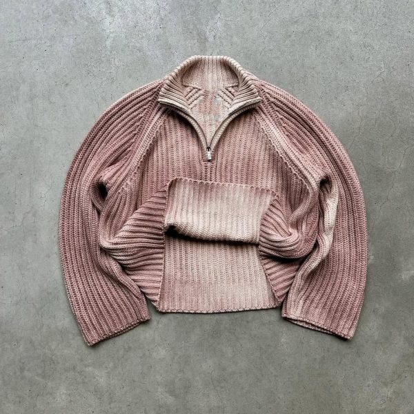 Vintage Acid Wash Knitted Jumper Faded Effect Half Zip Sweater Men