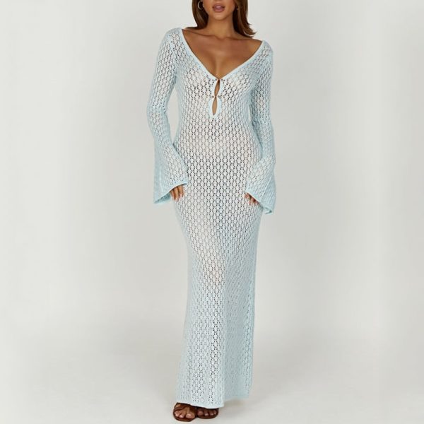 Crochet Fishtail Flare Sleeve Maxi Dress