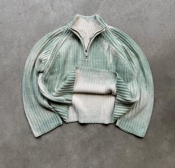 Vintage Acid Wash Knitted Jumper Faded Effect Half Zip Sweater Men