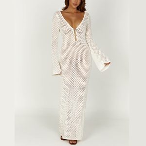 Crochet Fishtail Flare Sleeve Maxi Dress