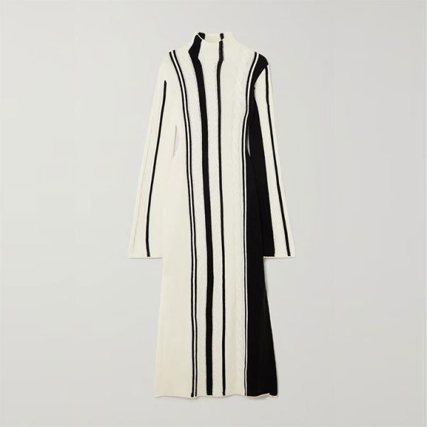 Contrast Color Stripe Knit Dress Women Maxi Casual Sweater Dress — изображение 4