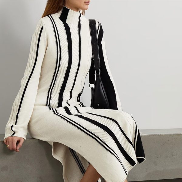 Contrast Color Stripe Knit Dress Women Maxi Casual Sweater Dress — изображение 3